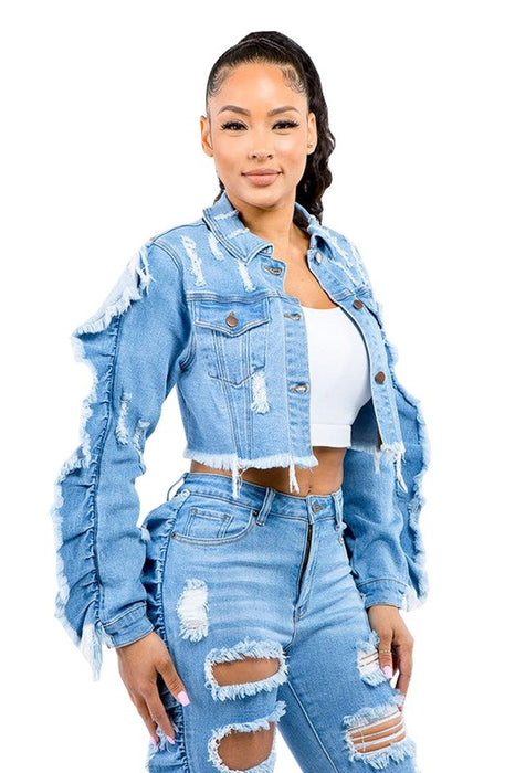 NEW RUCHED CROPPED DENIM JACKET