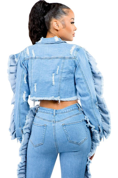 NEW RUCHED CROPPED DENIM JACKET