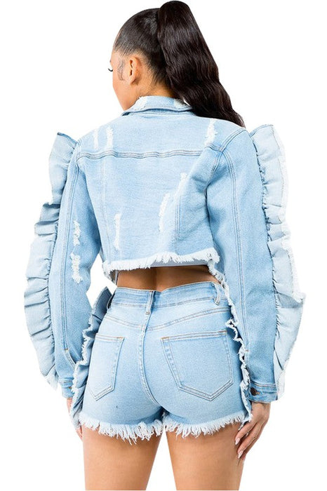 NEW RUCHED CROPPED DENIM JACKET