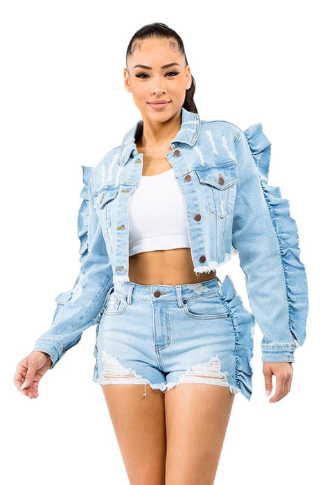 NEW RUCHED CROPPED DENIM JACKET