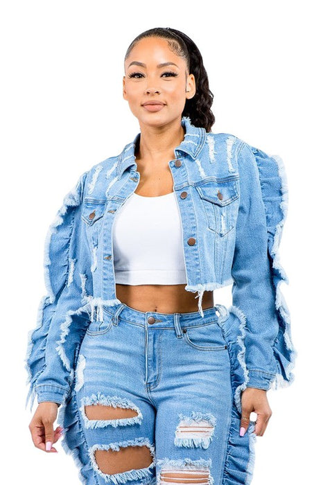 NEW RUCHED CROPPED DENIM JACKET