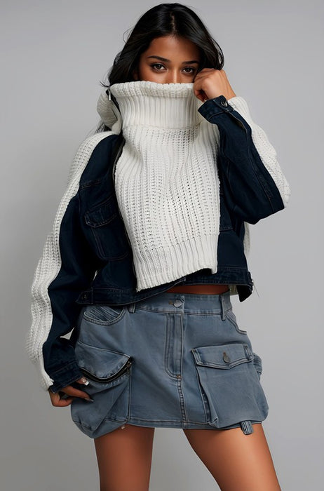 Denim and Knit Multi Fabric Sweater