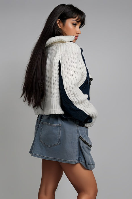 Denim and Knit Multi Fabric Sweater