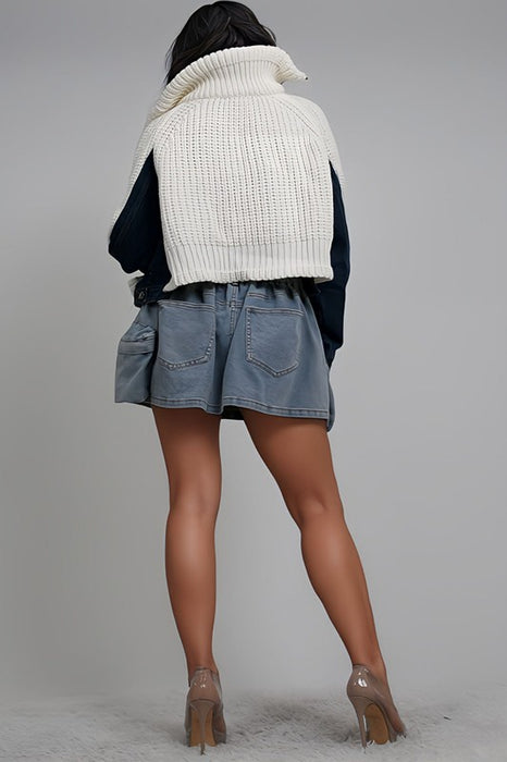 Denim and Knit Multi Fabric Sweater