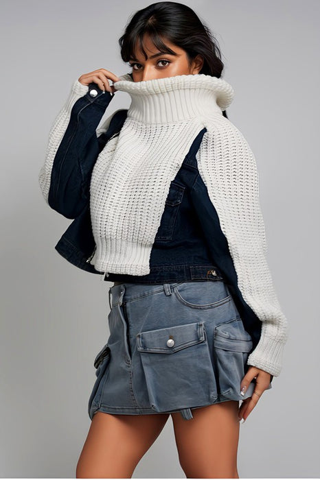 Denim and Knit Multi Fabric Sweater