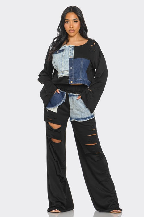 Distressed Denim Patchwork Set