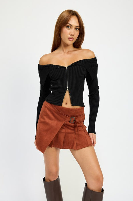 Cold Shoulder Ribbed Zip Up Top