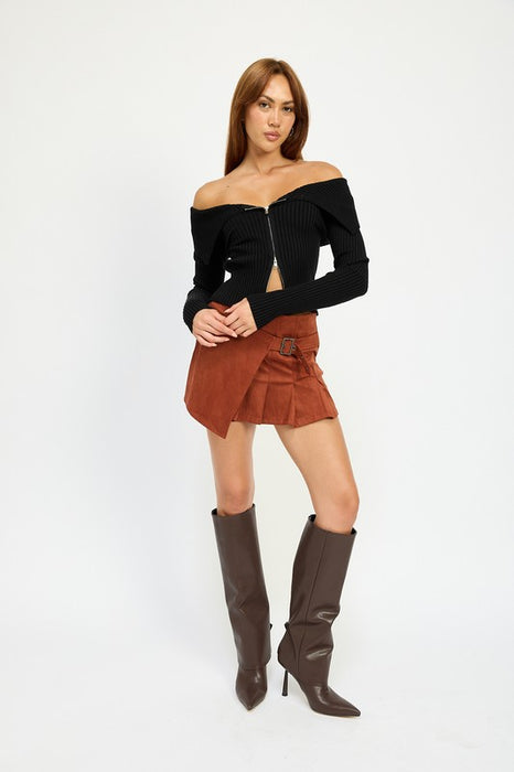 Cold Shoulder Ribbed Zip Up Top