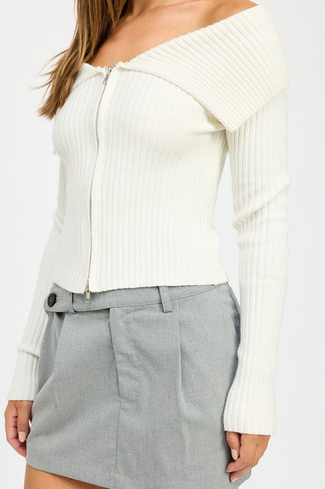 Cold Shoulder Ribbed Zip Up Top