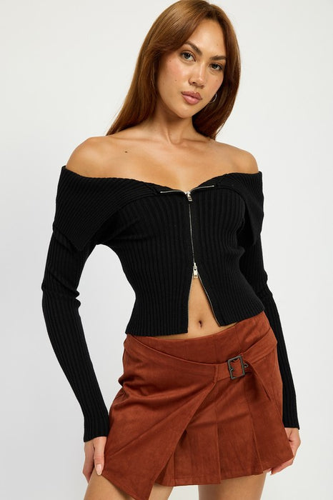 Cold Shoulder Ribbed Zip Up Top