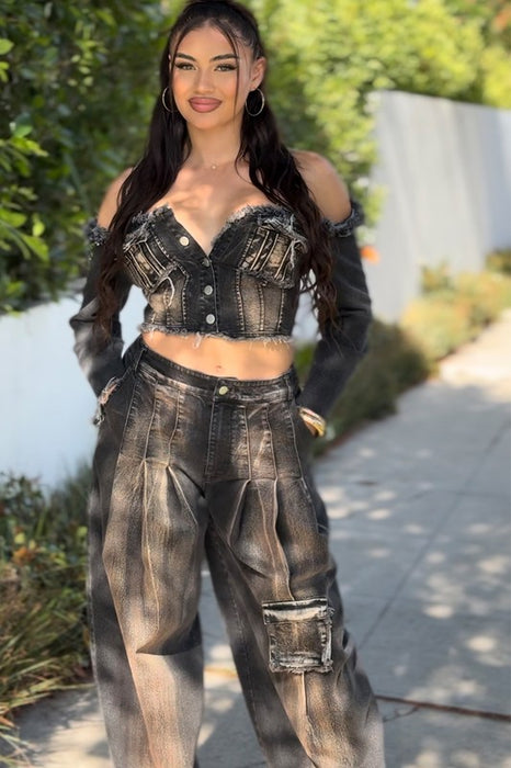 Distressed Denim Crop Top and Cargo Pants set