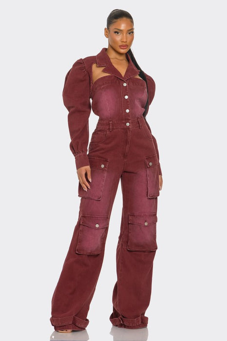 Vintage Inspired Utility Burgundy Cargo Jumpsuit