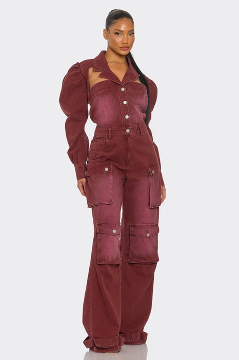 Vintage Inspired Utility Burgundy Cargo Jumpsuit