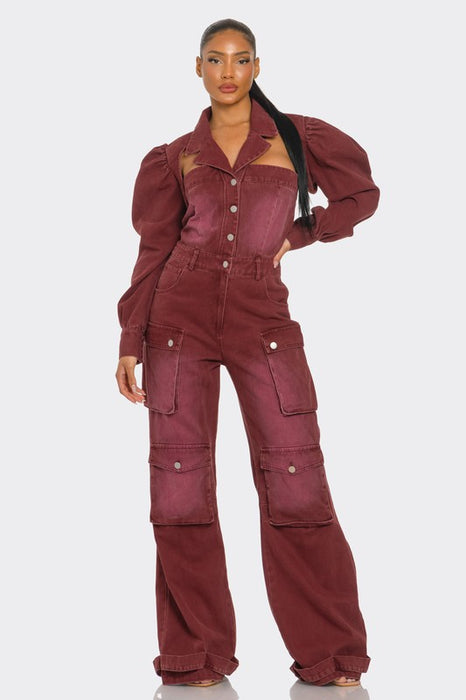 Vintage Inspired Utility Burgundy Cargo Jumpsuit