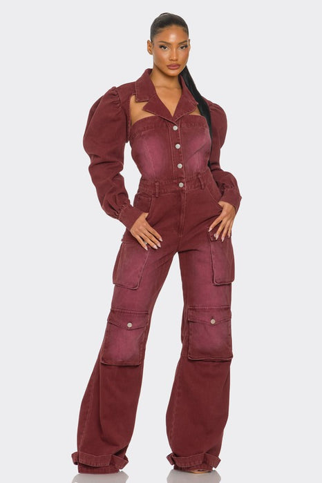 Vintage Inspired Utility Burgundy Cargo Jumpsuit