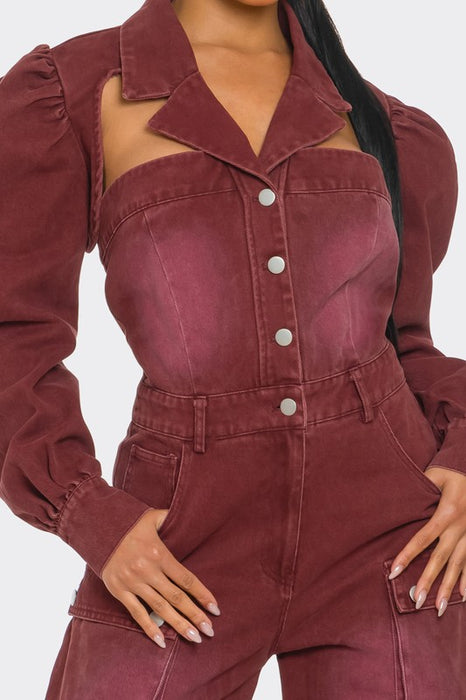 Vintage Inspired Utility Burgundy Cargo Jumpsuit