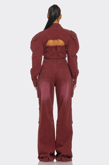 Vintage Inspired Utility Burgundy Cargo Jumpsuit