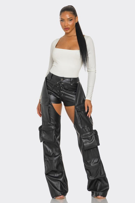 Cut Out Leather Cargo Pants