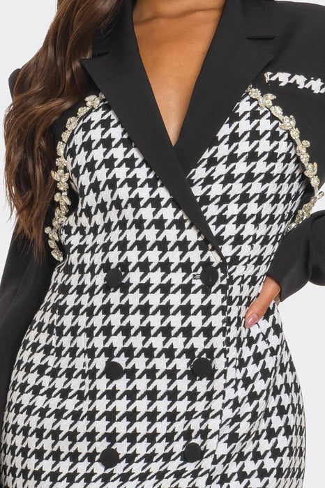 Monochrome Glam Houndstooth Blazer Dress