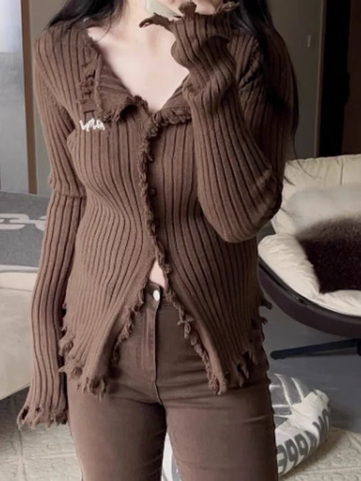 Women Brown Cardigan Knitted Sweater