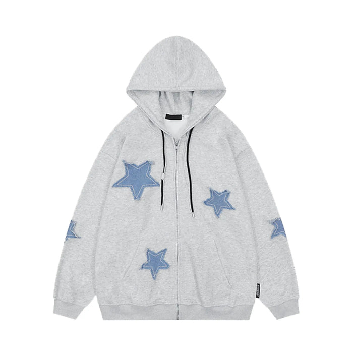 New Zip Up Denim Star Patch Hoodie