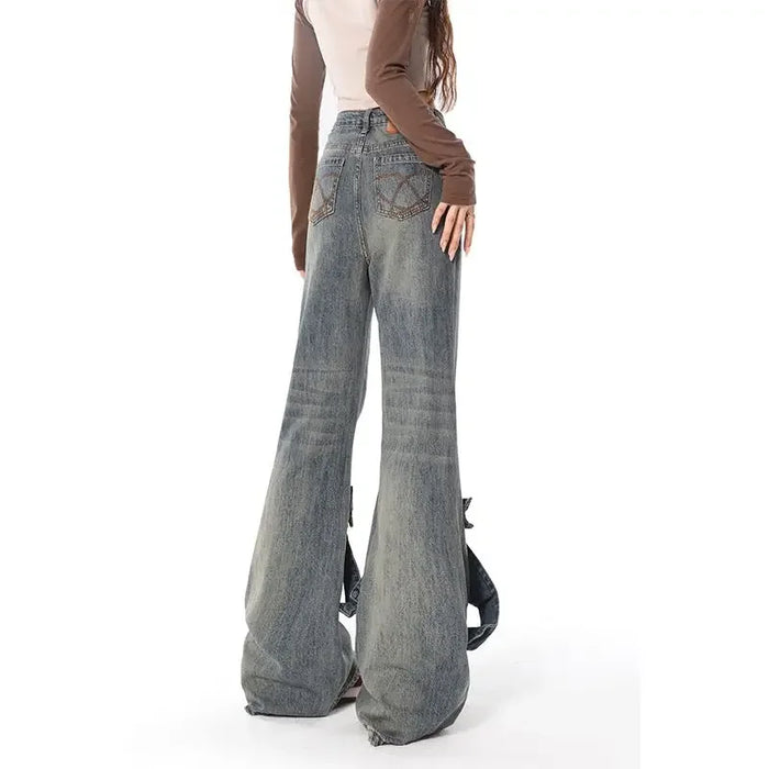 Wide Leg Flared Denim Jeans With Bow