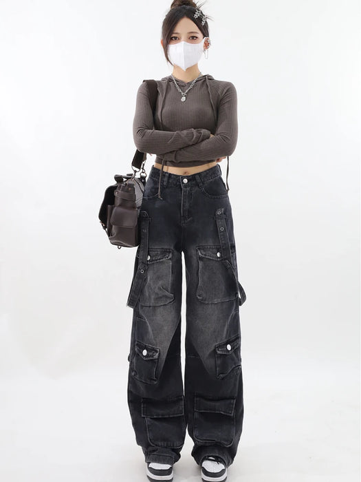 Women's Vintage Faded Baggy Cargo Jeans