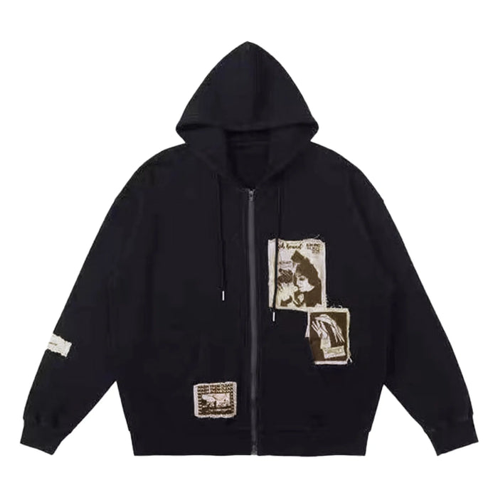 Patched Zip Up Y2K Aesthetic Hoodie