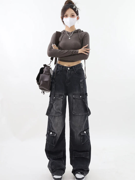 Women's Vintage Faded Baggy Cargo Jeans