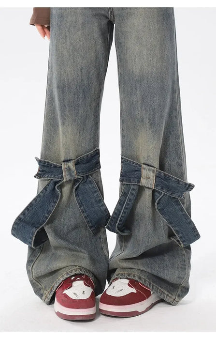 Wide Leg Flared Denim Jeans With Bow