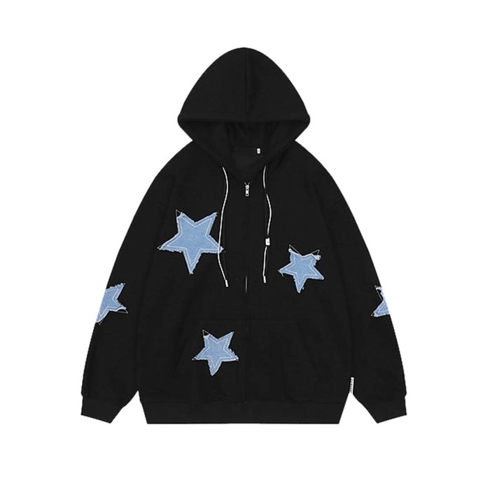 New Zip Up Denim Star Patch Hoodie