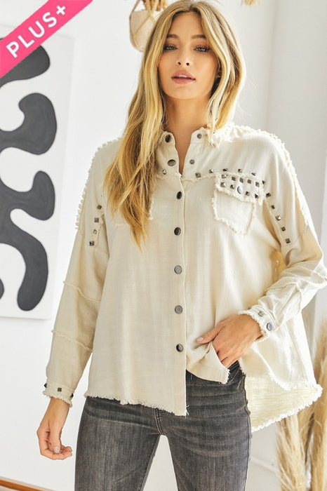 Plus Distressed hem button down oversize shirt